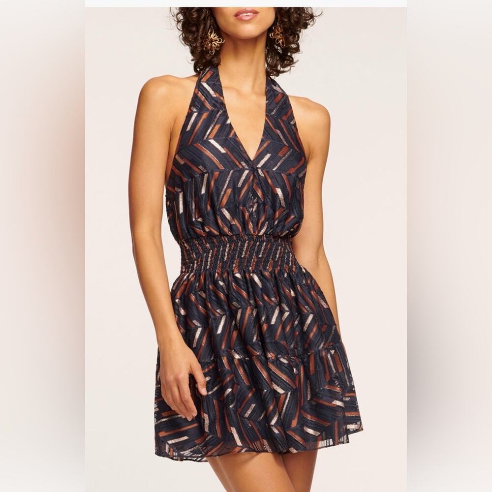 Ramy Brook Blanch Metallic Chevron Smocked Waist Halter Dress Large Retail $445